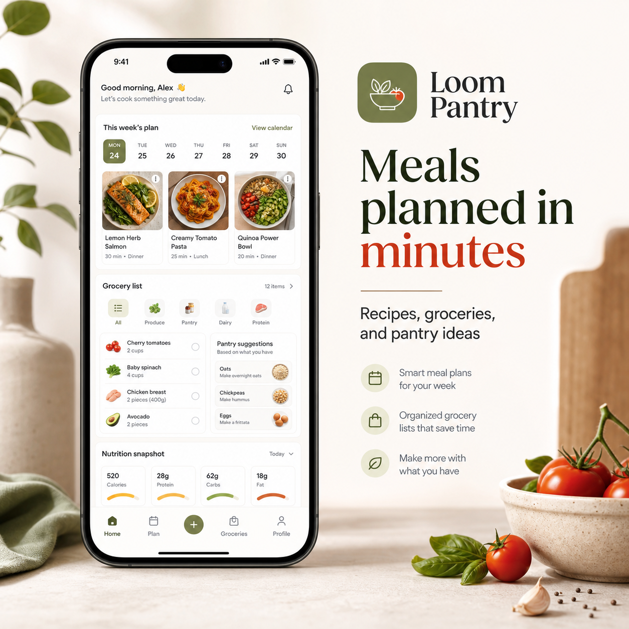 Loom Pantry app store screenshot with a full phone frame and meal planning dashboard