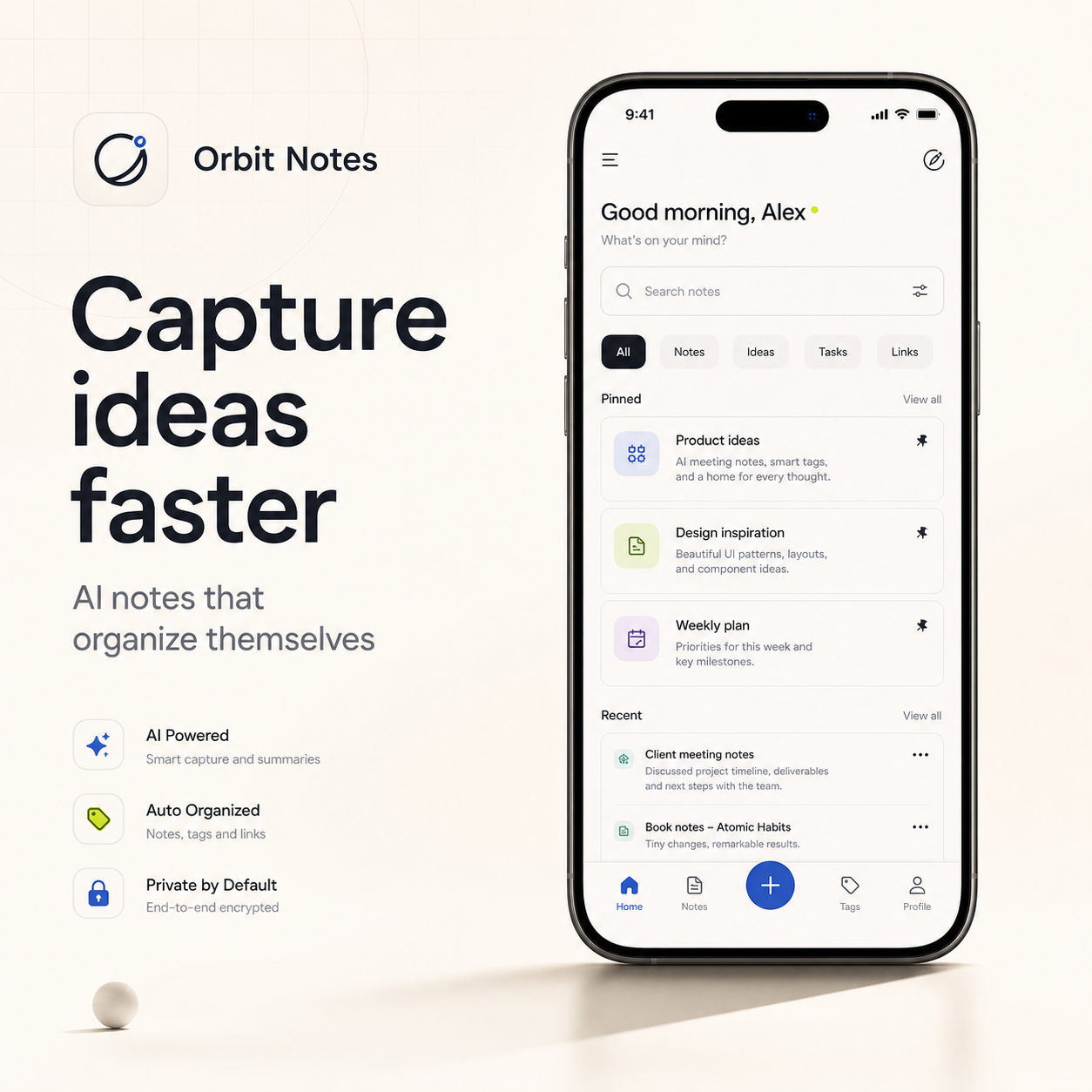 Orbit Notes app store screenshot with a full phone frame and minimal notes dashboard